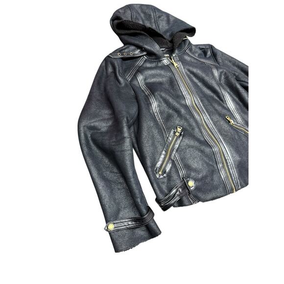Express Faux Leather Hooded Moto Jacket Black Gold Zip Details Size Large - Picture 8 of 10